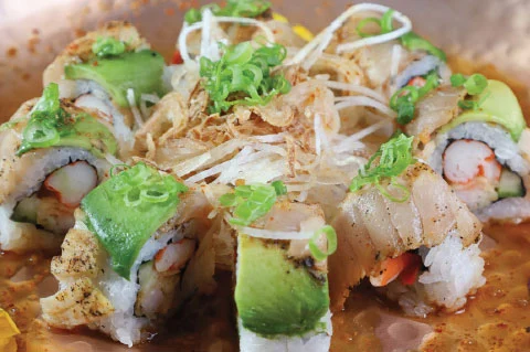 Cajun Albacore with Avocado on Shrimp Tempura roll